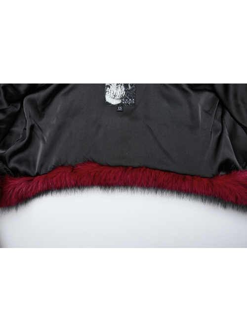 Black And Red Personalized Imitation Silver Fox Fur Front Patent Leather Functional Zipper Decoration Punk Style Rivet Short Fur Coat