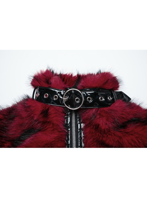 Black And Red Personalized Imitation Silver Fox Fur Front Patent Leather Functional Zipper Decoration Punk Style Rivet Short Fur Coat