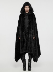 Gorgeous Black Imitation Silver Fox Fur Collar Tie With Fur Ball Decoration Gothic Style Hooded Asymmetrical Warm Cloak