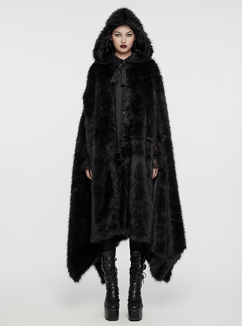 Gorgeous Black Imitation Silver Fox Fur Collar Tie With Fur Ball Decoration Gothic Style Hooded Asymmetrical Warm Cloak