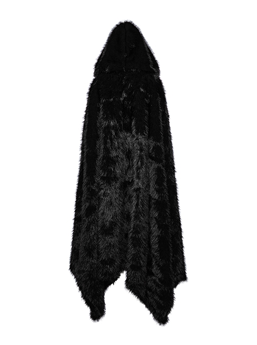 Gorgeous Black Imitation Silver Fox Fur Collar Tie With Fur Ball Decoration Gothic Style Hooded Asymmetrical Warm Cloak