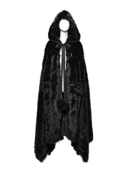 Gorgeous Black Imitation Silver Fox Fur Collar Tie With Fur Ball Decoration Gothic Style Hooded Asymmetrical Warm Cloak