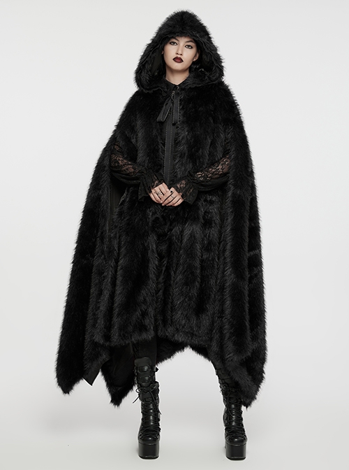 Gorgeous Black Imitation Silver Fox Fur Collar Tie With Fur Ball Decoration Gothic Style Hooded Asymmetrical Warm Cloak
