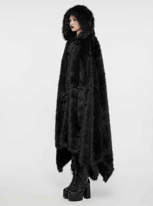 Gorgeous Black Imitation Silver Fox Fur Collar Tie With Fur Ball Decoration Gothic Style Hooded Asymmetrical Warm Cloak