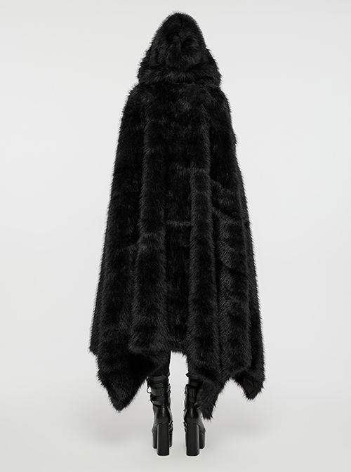 Gorgeous Black Imitation Silver Fox Fur Collar Tie With Fur Ball Decoration Gothic Style Hooded Asymmetrical Warm Cloak