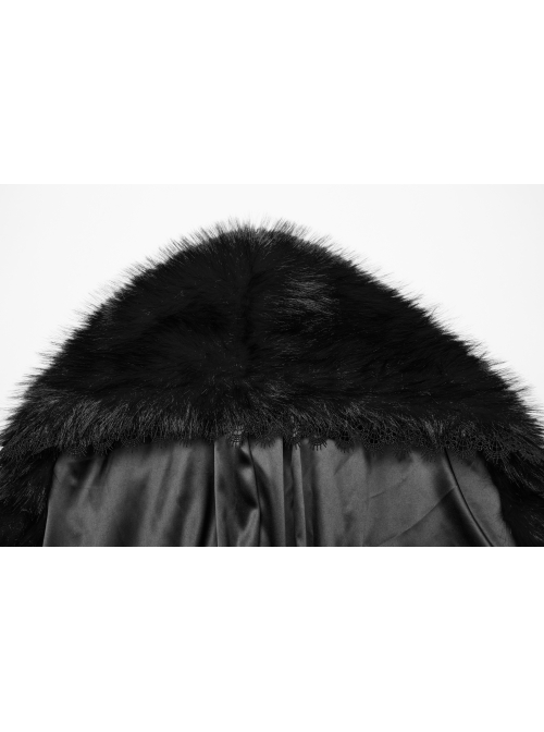 Gorgeous Black Imitation Silver Fox Fur Collar Tie With Fur Ball Decoration Gothic Style Hooded Asymmetrical Warm Cloak