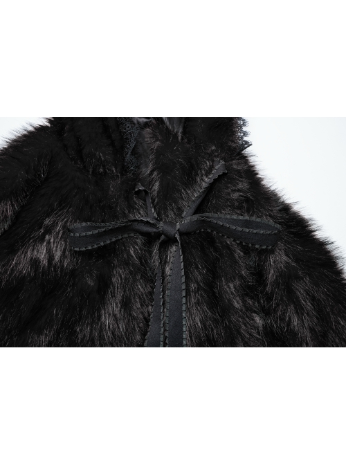 Gorgeous Black Imitation Silver Fox Fur Collar Tie With Fur Ball Decoration Gothic Style Hooded Asymmetrical Warm Cloak