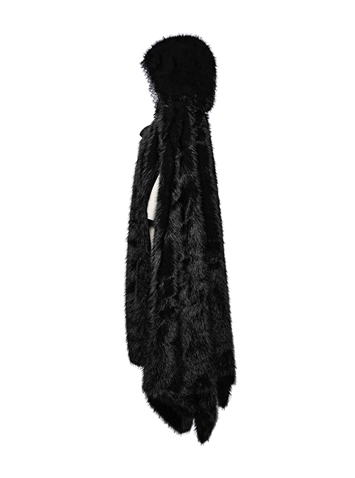 Gorgeous Black Imitation Silver Fox Fur Collar Tie With Fur Ball Decoration Gothic Style Hooded Asymmetrical Warm Cloak