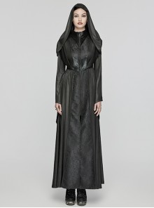 Black Knitted Jacquard Collar Three Dimensional Pleats And Adjustable Drawstring Design Gothic Witch Hooded Coat