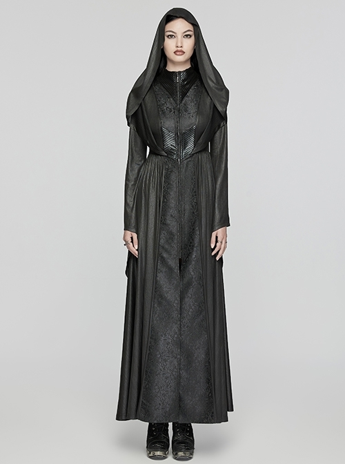 Black Knitted Jacquard Collar Three Dimensional Pleats And Adjustable Drawstring Design Gothic Witch Hooded Coat