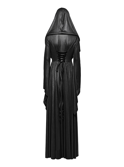 Black Knitted Jacquard Collar Three Dimensional Pleats And Adjustable Drawstring Design Gothic Witch Hooded Coat