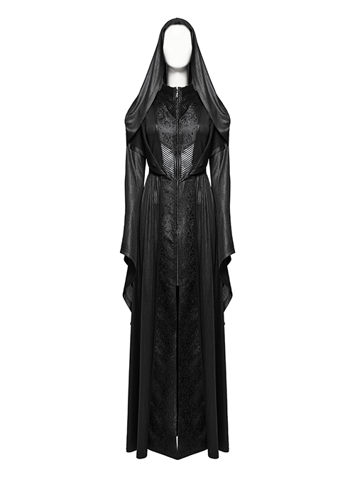 Black Knitted Jacquard Collar Three Dimensional Pleats And Adjustable Drawstring Design Gothic Witch Hooded Coat