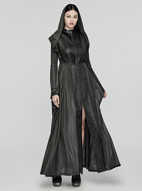 Black Knitted Jacquard Collar Three Dimensional Pleats And Adjustable Drawstring Design Gothic Witch Hooded Coat