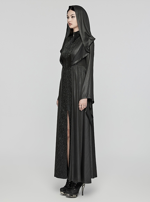 Black Knitted Jacquard Collar Three Dimensional Pleats And Adjustable Drawstring Design Gothic Witch Hooded Coat