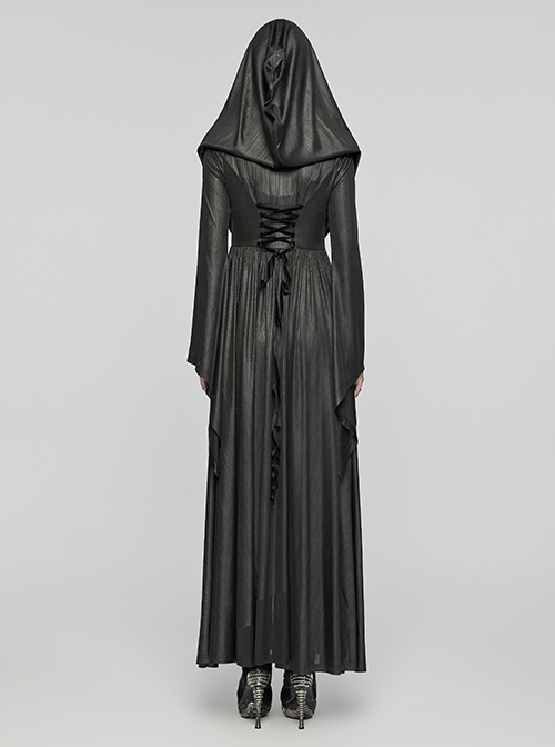 Black Knitted Jacquard Collar Three Dimensional Pleats And Adjustable Drawstring Design Gothic Witch Hooded Coat