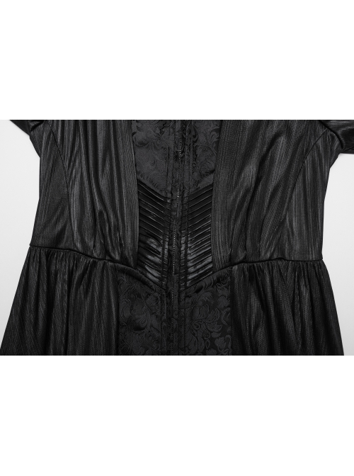 Black Knitted Jacquard Collar Three Dimensional Pleats And Adjustable Drawstring Design Gothic Witch Hooded Coat