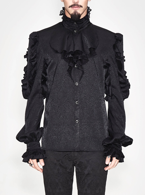 Black Jacquard High Collar Flounces Long Sleeves Lace Cuff Gothic Shirt