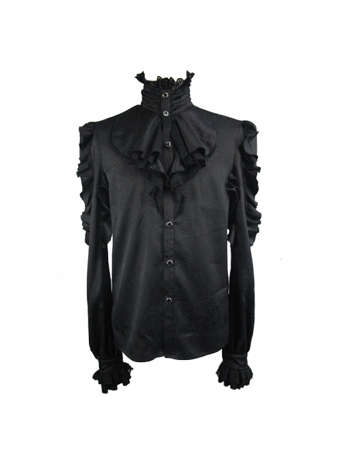 Black Jacquard High Collar Flounces Long Sleeves Lace Cuff Gothic Shirt