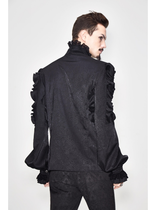 Black Jacquard High Collar Flounces Long Sleeves Lace Cuff Gothic Shirt
