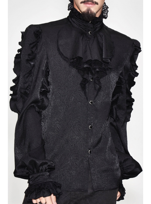 Black Jacquard High Collar Flounces Long Sleeves Lace Cuff Gothic Shirt