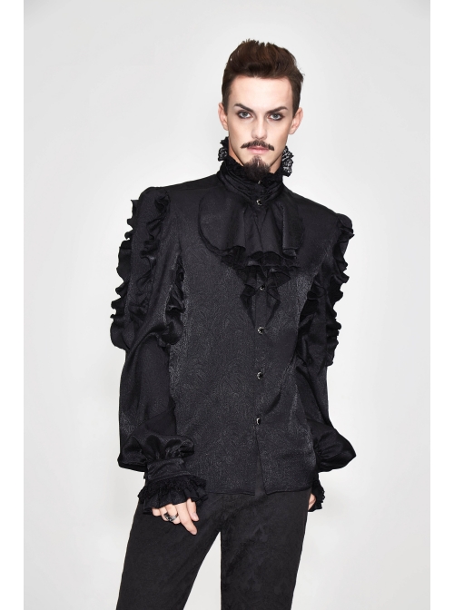 Black Jacquard High Collar Flounces Long Sleeves Lace Cuff Gothic Shirt