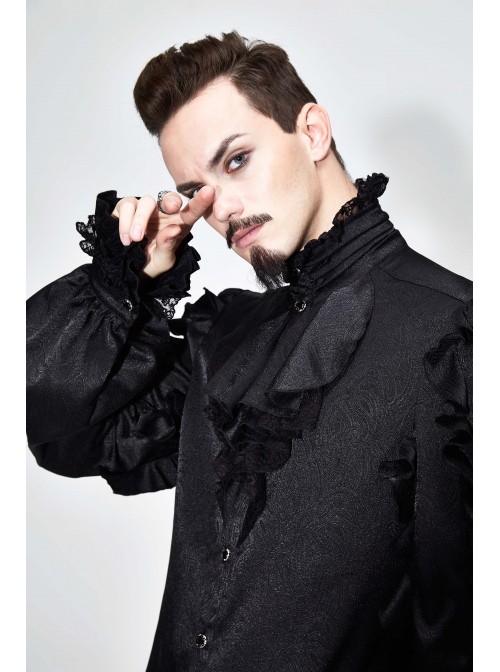 Black Jacquard High Collar Flounces Long Sleeves Lace Cuff Gothic Shirt