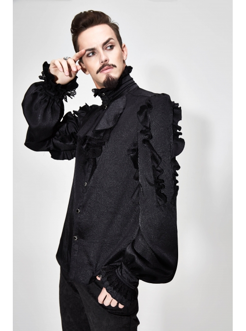 Black Jacquard High Collar Flounces Long Sleeves Lace Cuff Gothic Shirt