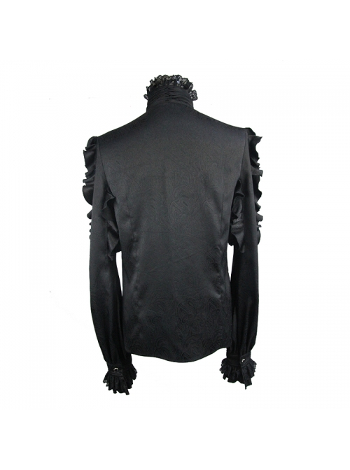 Black Jacquard High Collar Flounces Long Sleeves Lace Cuff Gothic Shirt