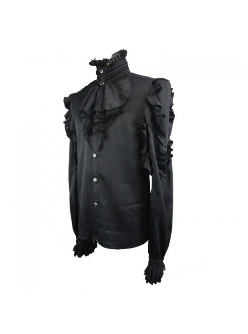 Black Jacquard High Collar Flounces Long Sleeves Lace Cuff Gothic Shirt