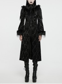Retro Black Flocked Woven Front Waist With Exquisite Double Row Of Gemstone Hand Sewn Button Design Gothic Style Gorgeous Long Sleeved Coat