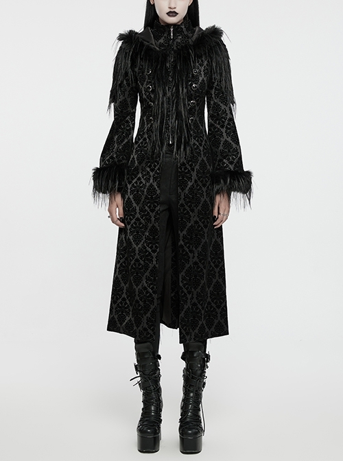 Retro Black Flocked Woven Front Waist With Exquisite Double Row Of Gemstone Hand Sewn Button Design Gothic Style Gorgeous Long Sleeved Coat