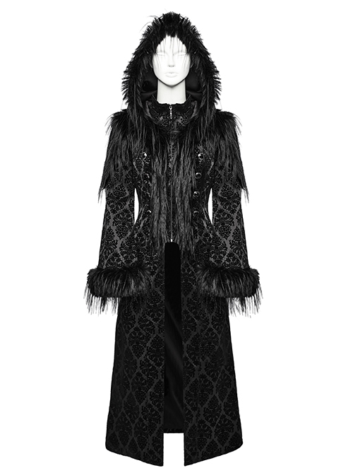 Retro Black Flocked Woven Front Waist With Exquisite Double Row Of Gemstone Hand Sewn Button Design Gothic Style Gorgeous Long Sleeved Coat