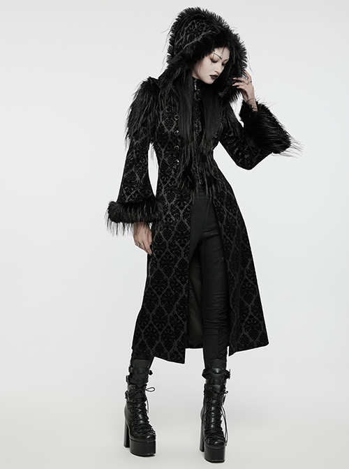 Retro Black Flocked Woven Front Waist With Exquisite Double Row Of Gemstone Hand Sewn Button Design Gothic Style Gorgeous Long Sleeved Coat
