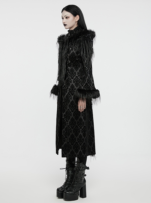 Retro Black Flocked Woven Front Waist With Exquisite Double Row Of Gemstone Hand Sewn Button Design Gothic Style Gorgeous Long Sleeved Coat