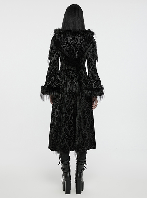 Retro Black Flocked Woven Front Waist With Exquisite Double Row Of Gemstone Hand Sewn Button Design Gothic Style Gorgeous Long Sleeved Coat