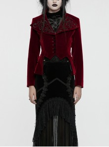 Red Exquisite Embroidered Weft Velvet Front Center Lapel Retro Design Gothic Style Drawstring Long Sleeve Coat