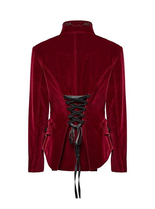 Red Exquisite Embroidered Weft Velvet Front Center Lapel Retro Design Gothic Style Drawstring Long Sleeve Coat