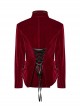 Red Exquisite Embroidered Weft Velvet Front Center Lapel Retro Design Gothic Style Drawstring Long Sleeve Coat