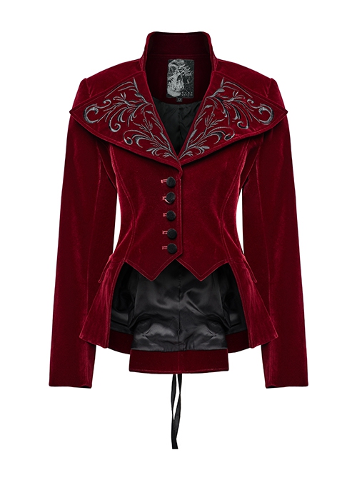 Red Exquisite Embroidered Weft Velvet Front Center Lapel Retro Design Gothic Style Drawstring Long Sleeve Coat