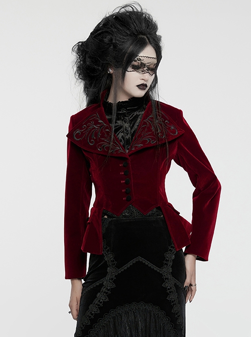 Red Exquisite Embroidered Weft Velvet Front Center Lapel Retro Design Gothic Style Drawstring Long Sleeve Coat