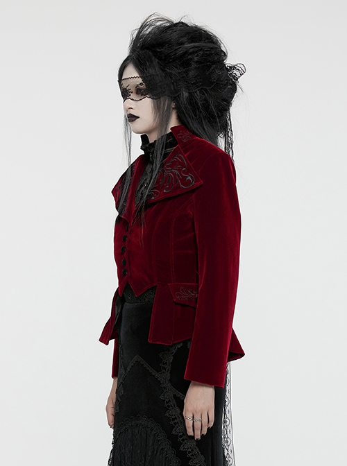 Red Exquisite Embroidered Weft Velvet Front Center Lapel Retro Design Gothic Style Drawstring Long Sleeve Coat