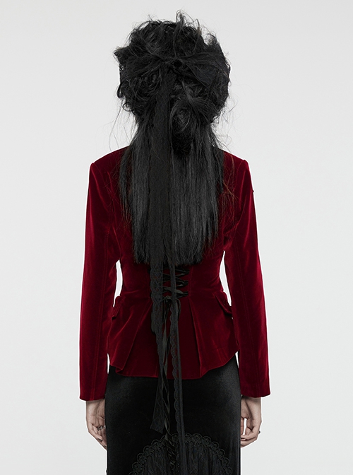Red Exquisite Embroidered Weft Velvet Front Center Lapel Retro Design Gothic Style Drawstring Long Sleeve Coat