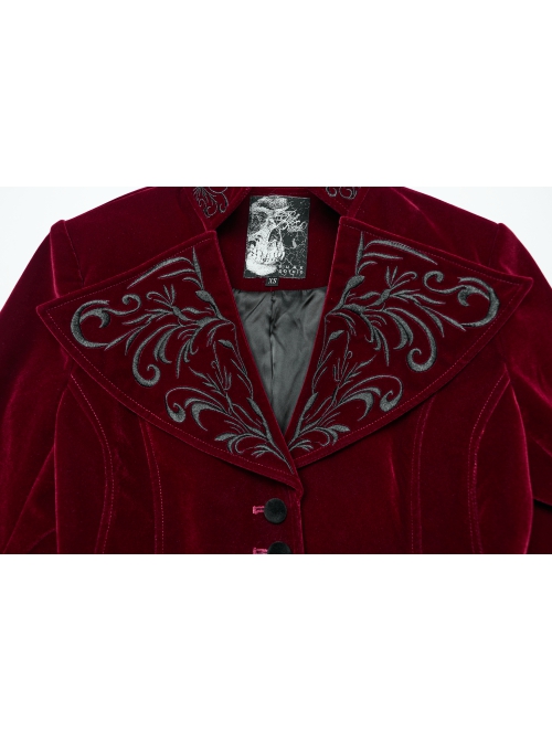 Red Exquisite Embroidered Weft Velvet Front Center Lapel Retro Design Gothic Style Drawstring Long Sleeve Coat