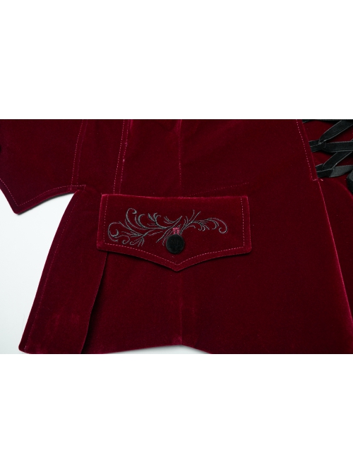 Red Exquisite Embroidered Weft Velvet Front Center Lapel Retro Design Gothic Style Drawstring Long Sleeve Coat