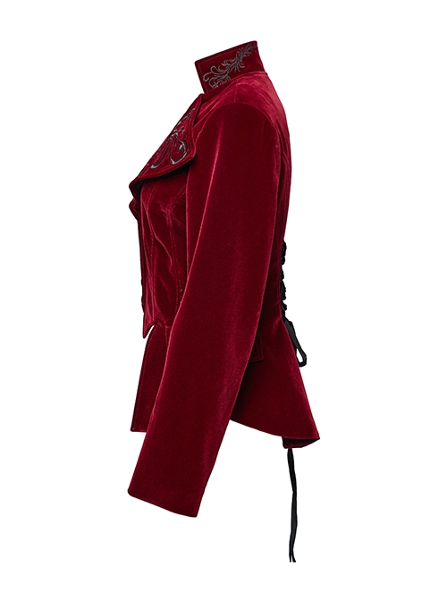 Red Exquisite Embroidered Weft Velvet Front Center Lapel Retro Design Gothic Style Drawstring Long Sleeve Coat