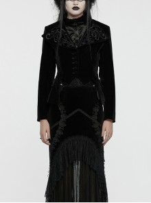 Black Exquisite Embroidered Weft Velvet Front Center Lapel Retro Design Gothic Style Drawstring Long Sleeve Coat