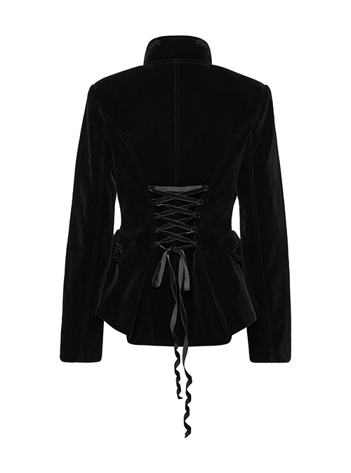 Black Exquisite Embroidered Weft Velvet Front Center Lapel Retro Design Gothic Style Drawstring Long Sleeve Coat