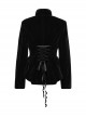 Black Exquisite Embroidered Weft Velvet Front Center Lapel Retro Design Gothic Style Drawstring Long Sleeve Coat
