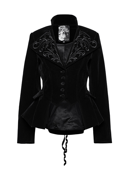 Black Exquisite Embroidered Weft Velvet Front Center Lapel Retro Design Gothic Style Drawstring Long Sleeve Coat