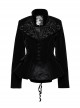 Black Exquisite Embroidered Weft Velvet Front Center Lapel Retro Design Gothic Style Drawstring Long Sleeve Coat